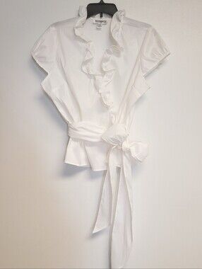 Isadora Collection White Ruffle Romantic Wrap  Tie Blouse Size 12 Cap Sleeve